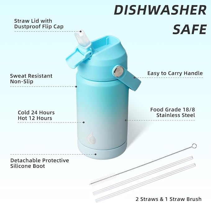BJPKPK Insulated Water Bottle with Straw Lid, 12oz Thermo Water Bottles, Flex Handle & Non-slip Boot, BPA Free Leak Proof Stainless Steel Metal Thermo, Tumblers, Cups, Sea Salt