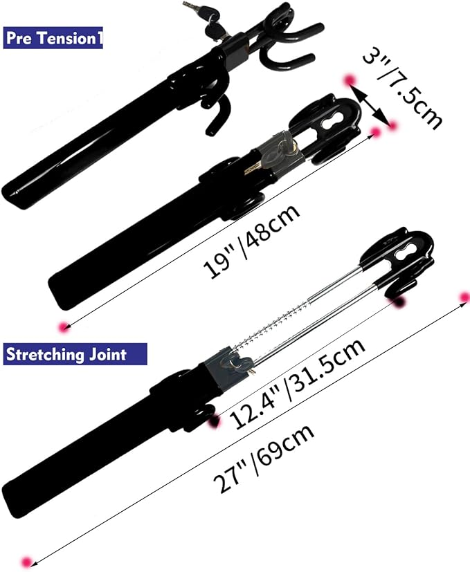 Dodomes Steering Wheel Lock Anti-Theft Heavy Duty Secure Car Device, Adjustable Length Clamp Double Hook Locks Universal Fit (Black)