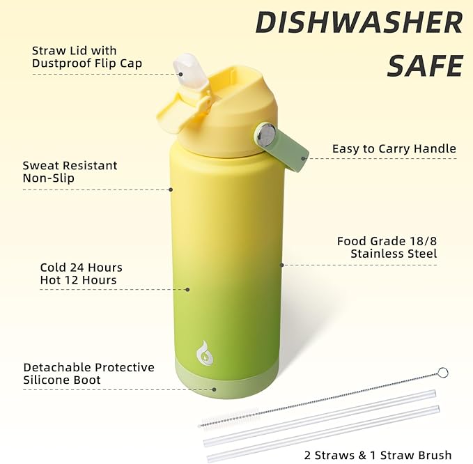 BJPKPK Water Bottle with Straw Lid, 24oz Vacuum Insulated Water Bottles, Metal Stainless Steel Thermo for Sports, Travel, BPA Free Leak Proof Thermo, Cups, Flasks, Tumblers,Fresh Green