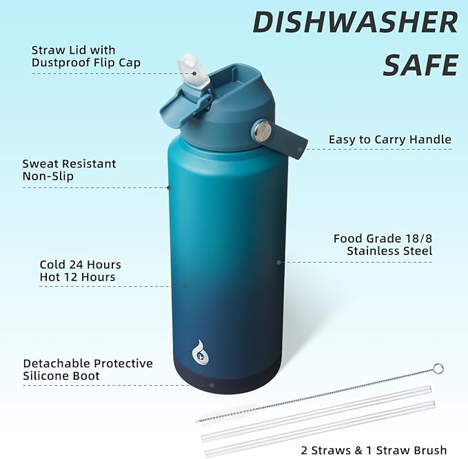 BJPKPK Water Bottle with Straw Lid, 32oz Vacuum Insulated Water Bottles, Metal Stainless Steel Thermo for Sports, Travel, BPA Free Leak Proof Thermo, Cups, Flasks, Tumblers,Vast