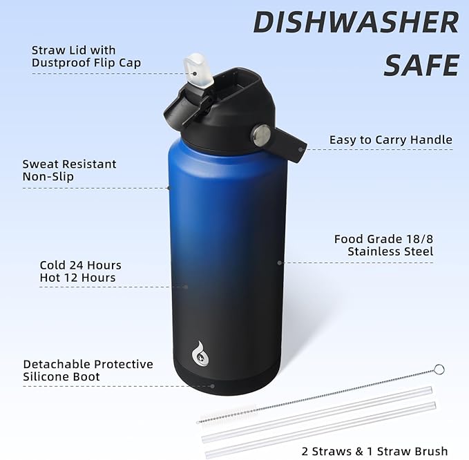 BJPKPK Water Bottle with Straw Lid, 32oz Vacuum Insulated Water Bottles, Metal Stainless Steel Thermo for Sports, Travel, BPA Free Leak Proof Thermo, Cups, Flasks, Tumblers,Black Blue