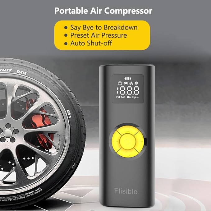 Air Compressor Portable Tire Inflator, 9000mAh Electric Air Pump, 150PSI Bike Pump Cordless Fast Inflate with Pressure Gauge & LED Light & LCD Display for Cars, Bikes, Balls, Motorcycles,Yellow