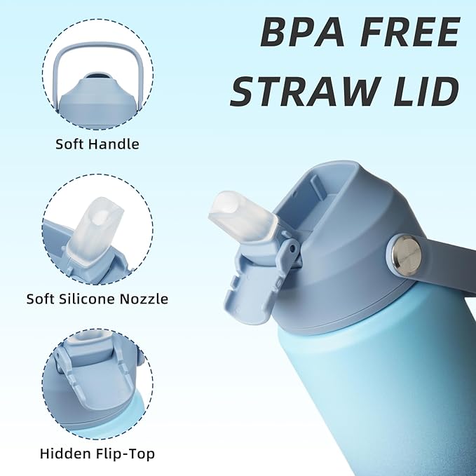 BJPKPK Insulated Water Bottle with Straw Lid, 18oz Thermo Water Bottles with Soft Nozzle, Flex Handle & Non-slip Boot, BPA Free Leak Proof Stainless Steel Metal Thermo, Tumblers, Cups,Sky