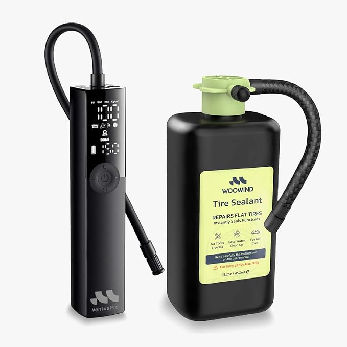 Woowind Premium Tire Inflator Portable Air Compressor, 2X Faster, 150PSI Air Pump For Car Tires, Tire Pump, with 12V DC Cord for Trucks & Off-Road Tires, Auto Shut-Off (Ventus pro + Tire sealant)