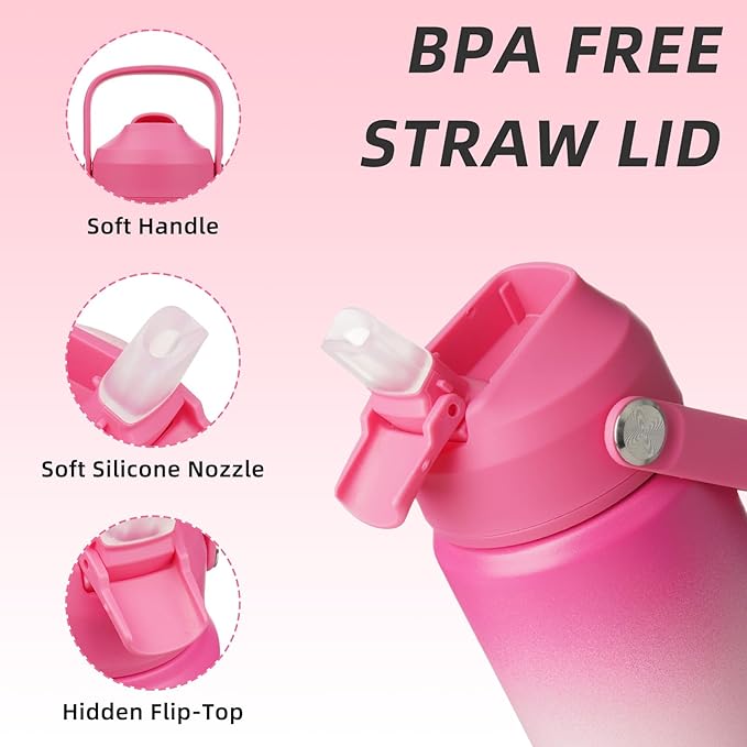 BJPKPK Insulated Water Bottle with Straw Lid, 12oz Thermo Water Bottles with Soft Nozzle, Flex Handle & Non-slip Boot, BPA Free Leak Proof Stainless Steel Metal Thermo, Tumblers, Cups,Cherry