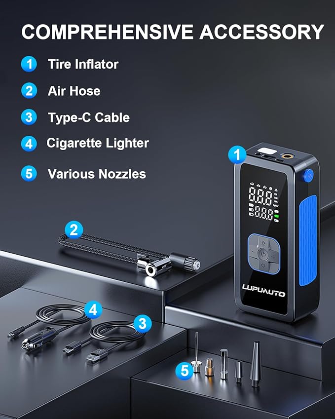 Tire Inflator Portable Air Compressor, 150PSI Air Pump Tires Portable with Pressure Gauge, Tire Inflator with LED Light for Car, Bike, Motorcycle, Balls