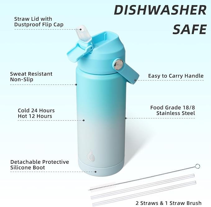 BJPKPK Insulated Water Bottle with Straw Lid, 18oz Thermo Water Bottles with Soft Nozzle, Flex Handle & Non-slip Boot, BPA Free Leak Proof Stainless Steel Metal Thermo, Tumblers, Cups,Sea Salt