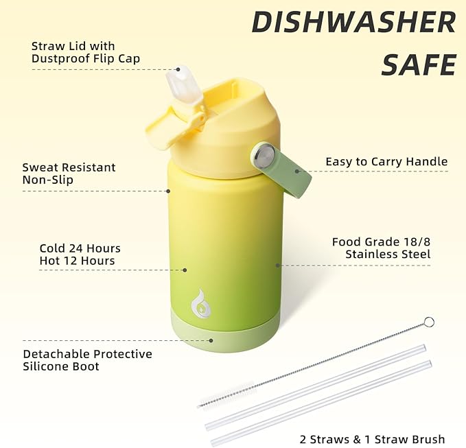 BJPKPK Insulated Water Bottle with Straw Lid, 12oz Thermo Water Bottles, Flex Handle & Non-slip Boot, BPA Free Leak Proof Stainless Steel Metal Thermo, Tumblers, Cups,Fresh Green