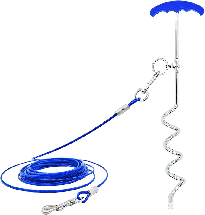Dog Tie-Out Stake and Cable 30ft Heavy Duty Spiral Ground Stake Tethering Anchor Dog Leash Chain Rope Metal 360 Swivel Hook for Small Medium Large Dogs Outdoor (T-Shaped Stake)