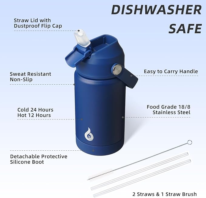BJPKPK Insulated Water Bottle with Straw Lid, 12oz Thermo Water Bottles, Flex Handle & Non-slip Boot, BPA Free Leak Proof Stainless Steel Metal Thermo, Tumblers, Cups,Klein Blue