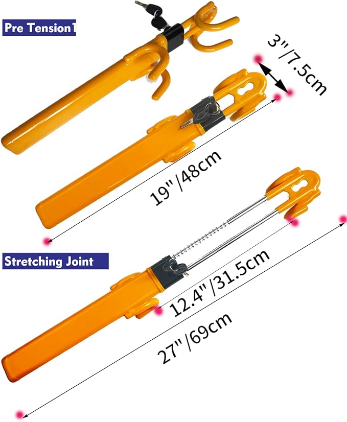 Dodomes Steering Wheel Lock Anti-Theft Heavy Duty Secure Car Device, Adjustable Length Clamp Double Hook Locks Universal Fit (Yellow)