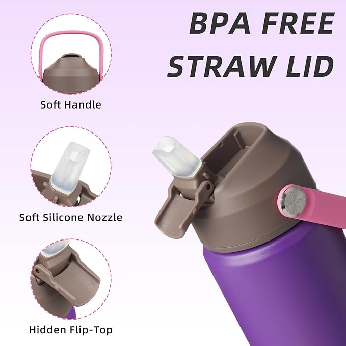 BJPKPK Insulated Water Bottle with Straw Lid, 12oz Thermo Water Bottles with Soft Nozzle, Flex Handle & Non-slip Boot, BPA Free Leak Proof Stainless Steel Metal Thermo, Tumblers, Cups,Violet