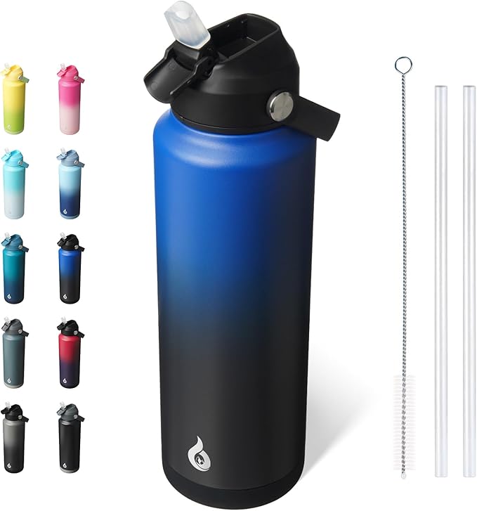 BJPKPK Insulated Water Bottle with Straw Lid, 40oz Large Thermo, BPA Free Leak Proof Stainless Steel Metal Water Bottles, Tumblers, Cups, Flasks for Travel, Sports,Black Blue