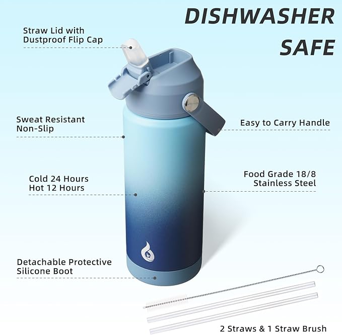 BJPKPK Insulated Water Bottle with Straw Lid, 18oz Thermo Water Bottles with Soft Nozzle, Flex Handle & Non-slip Boot, BPA Free Leak Proof Stainless Steel Metal Thermo, Tumblers, Cups,Sky
