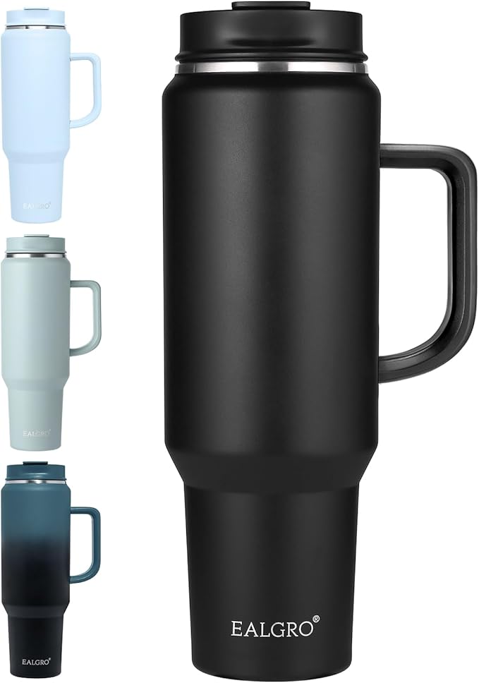 50 oz Tumbler with Handle, Insulated Tumblers with Lid and Straw, Large Metal Sports Water Bottle Jug, Thermal Stainless Steel Travel Coffee Mug Cup, Black