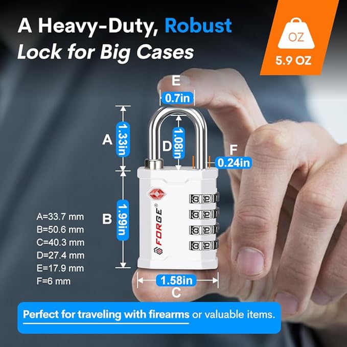 FORGE 4 Digit TSA Approved Combinaiton Lock, Great for Tool Box and Case Lock, Combination Padlock for Travel, White 1 Lock.