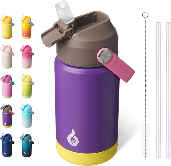 BJPKPK Insulated Water Bottle with Straw Lid, 12oz Thermo Water Bottles with Soft Nozzle, Flex Handle & Non-slip Boot, BPA Free Leak Proof Stainless Steel Metal Thermo, Tumblers, Cups,Violet