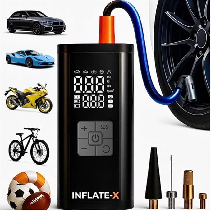 Tire Inflator Portable Air Compressor – 4x Faster, 150 PSI & 20000 mAh battery, Digital Display & LED Light – Cordless Inflator with Auto Shut Off for Car Tires, Motorcycles, Bikes, Sports Balls