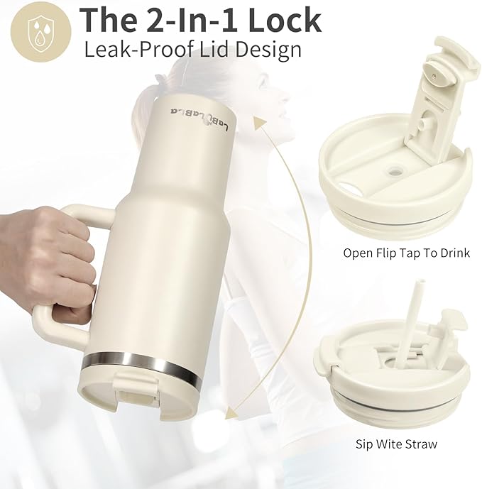 40oz Tumbler with Handle,Double Wall Vacuum Reusable Stainless Steel Insulated Water Bottle,With Leak Proof lid and Straw for Iced or Cold Beverages (Beige)
