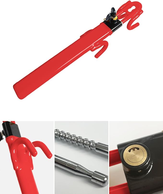 Dodomes Steering Wheel Lock Anti-Theft Heavy Duty Secure Car Device, Adjustable Length Clamp Double Hook Locks Universal Fit (Red)
