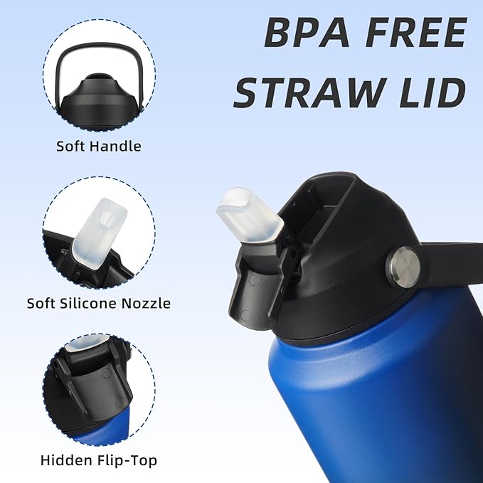 BJPKPK Insulated Water Bottle with Straw Lid, 40oz Large Thermo, BPA Free Leak Proof Stainless Steel Metal Water Bottles, Tumblers, Cups, Flasks for Travel, Sports,Black Blue