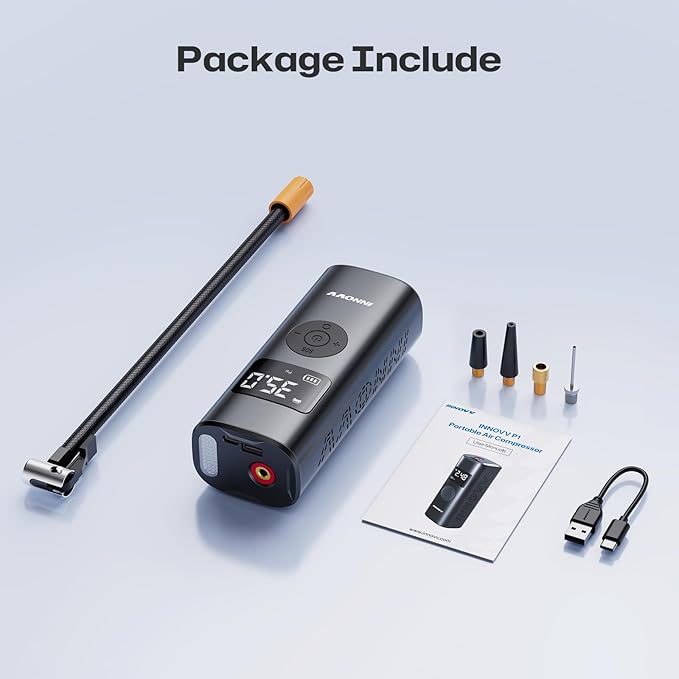 INNOVV P1 Aluminum Tire Inflator Portable Air Compressor, 3X Faster 150PSI Cordless Car Air Pump with Auto-Shutoff, Motorcycle Pumps with Tire Pressure Gauge, Electirc Tire Pump for Car, Bike, Ball