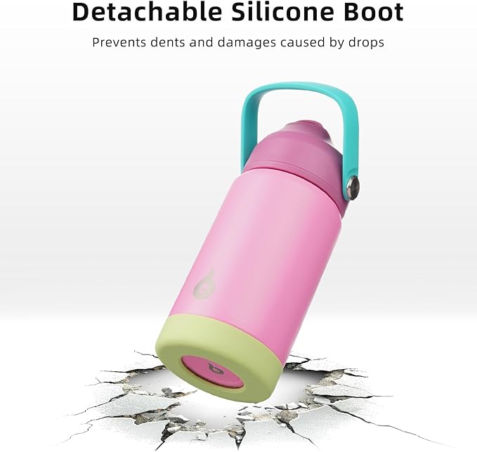 BJPKPK Insulated Water Bottle with Straw Lid, 12oz Thermo Water Bottles, Flex Handle & Non-slip Boot, BPA Free Leak Proof Stainless Steel Metal Thermo, Tumblers, Cups,Rose Pink
