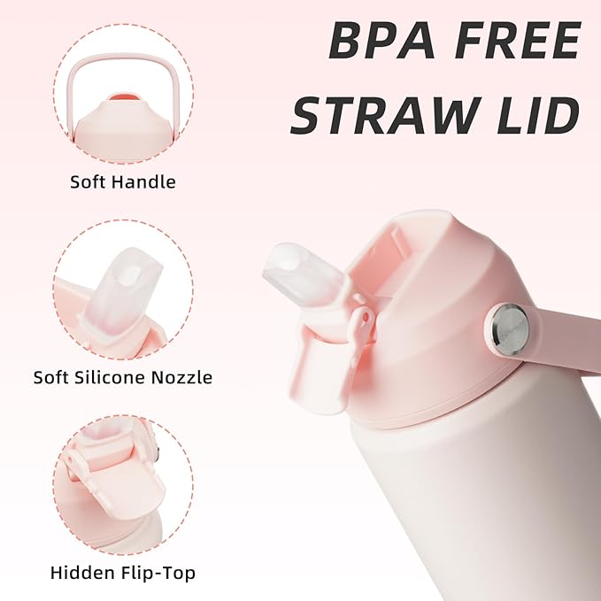 BJPKPK Insulated Water Bottle with Straw Lid, 18oz Thermo Water Bottles, Flex Handle & Non-slip Boot, BPA Free Leak Proof Stainless Steel Metal Thermo, Tumblers, Cups,Pearl Pink