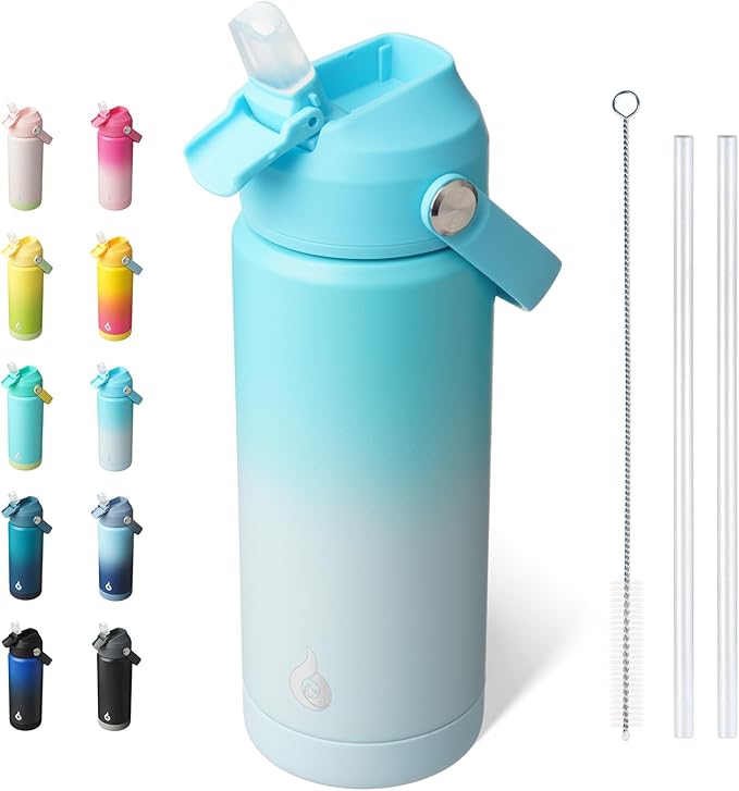 BJPKPK Insulated Water Bottle with Straw Lid, 18oz Thermo Water Bottles with Soft Nozzle, Flex Handle & Non-slip Boot, BPA Free Leak Proof Stainless Steel Metal Thermo, Tumblers, Cups,Sea Salt