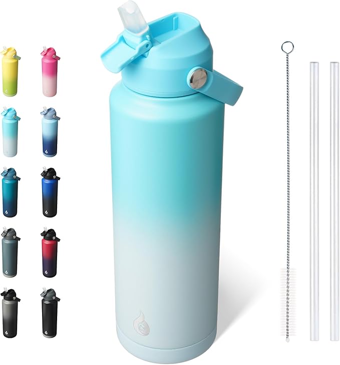 BJPKPK Insulated Water Bottle with Straw Lid, 40oz Large Thermo, BPA Free Leak Proof Stainless Steel Metal Water Bottles, Tumblers, Cups, Flasks for Travel, Sports,Sea Salt