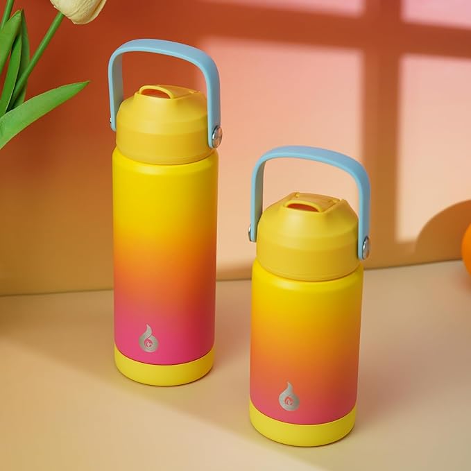 BJPKPK Insulated Water Bottle with Straw Lid, 18oz Thermo Water Bottles with Soft Nozzle, Flex Handle & Non-slip Boot, BPA Free Leak Proof Stainless Steel Metal Thermo, Tumblers, Cups,Rainbow
