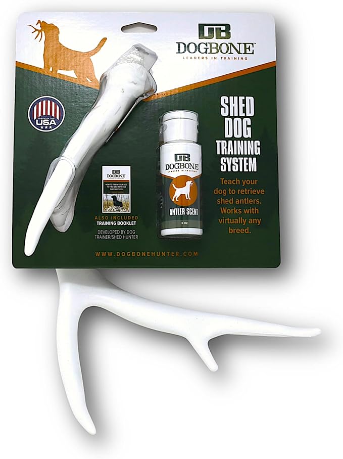 DogBone Shed Hunting Dog Training Kit – Train Your Puppy to Find Deer Antlers - Includes 2 oz Scent for Nosework & Flexible Floating Dummy for Retrieving - Perfect for Whitetail Hunters
