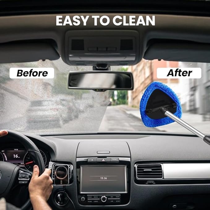 Car Windshield Cleaning Tool Set, Interior Exterior Auto Glass Cleaner Kit with Extendable Handle and 4 Reusable Microfiber Pads for Cars Trucks and Home (Grey)