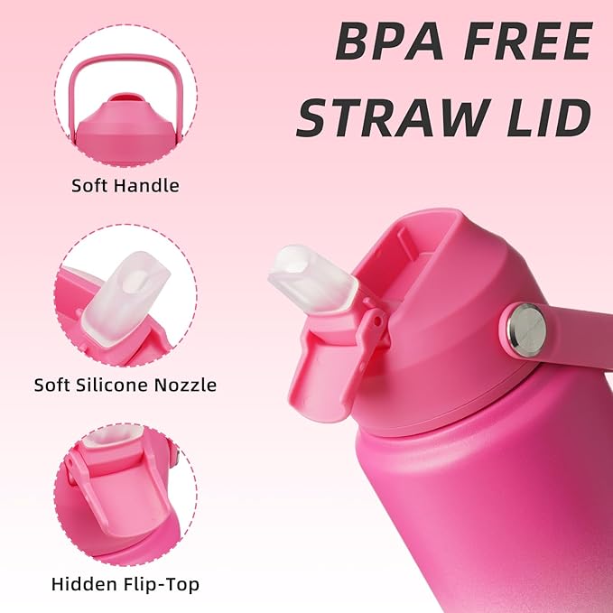 BJPKPK Water Bottle with Straw Lid, 24oz Vacuum Insulated Water Bottles, Metal Stainless Steel Thermo for Sports, Travel, BPA Free Leak Proof Thermo, Cups, Flasks, Tumblers,Cherry