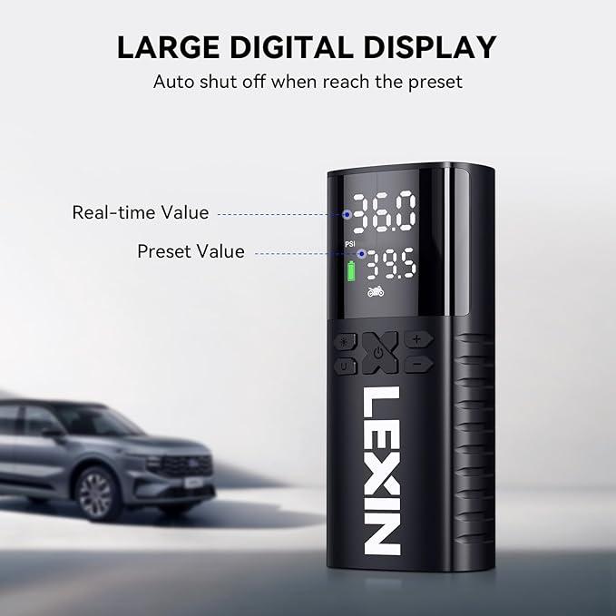 LEXIN P4 Tire Inflator Portable Air Compressor, 150PSI Electric Air Pump for Car Tires, w/Pressure Gauge&LED Light, 4000mAh Cordless Smart Pump for Car/Motorcycle/Bike/Bicycle/Scooter/Ball/Inflatable