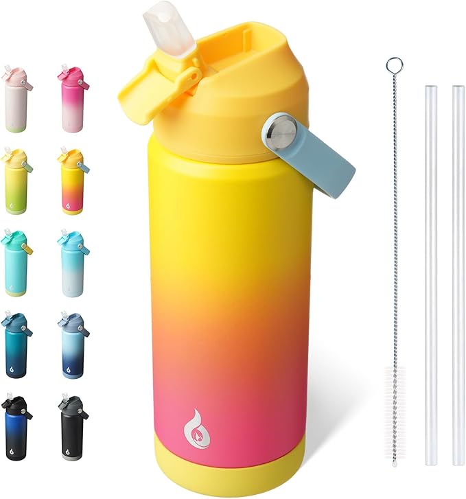 BJPKPK Insulated Water Bottle with Straw Lid, 18oz Thermo Water Bottles with Soft Nozzle, Flex Handle & Non-slip Boot, BPA Free Leak Proof Stainless Steel Metal Thermo, Tumblers, Cups,Rainbow