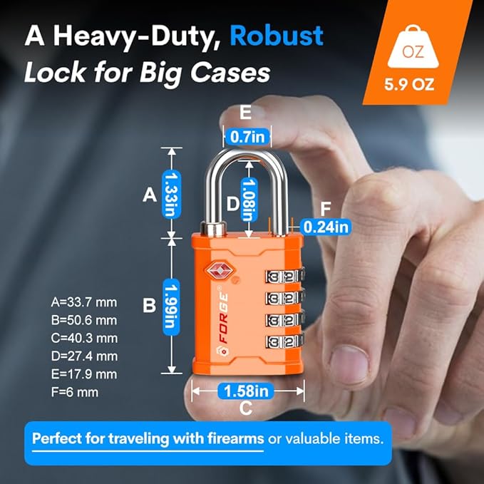 FORGE 4-Digit TSA Approved Travel Locks – TSA008 Key System, Key Duplication Impossible, Heavy-Duty Combination Padlock for Travel, Gym, Pelican Case. Orange 2 Locks.