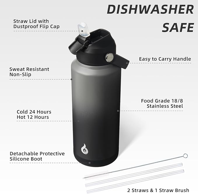 BJPKPK Water Bottle with Straw Lid, 32oz Vacuum Insulated Water Bottles, Metal Stainless Steel Thermo for Sports, Travel, BPA Free Leak Proof Thermo, Cups, Flasks, Tumblers,Black Grey