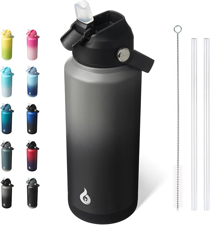 BJPKPK Water Bottle with Straw Lid, 32oz Vacuum Insulated Water Bottles, Metal Stainless Steel Thermo for Sports, Travel, BPA Free Leak Proof Thermo, Cups, Flasks, Tumblers,Black Grey
