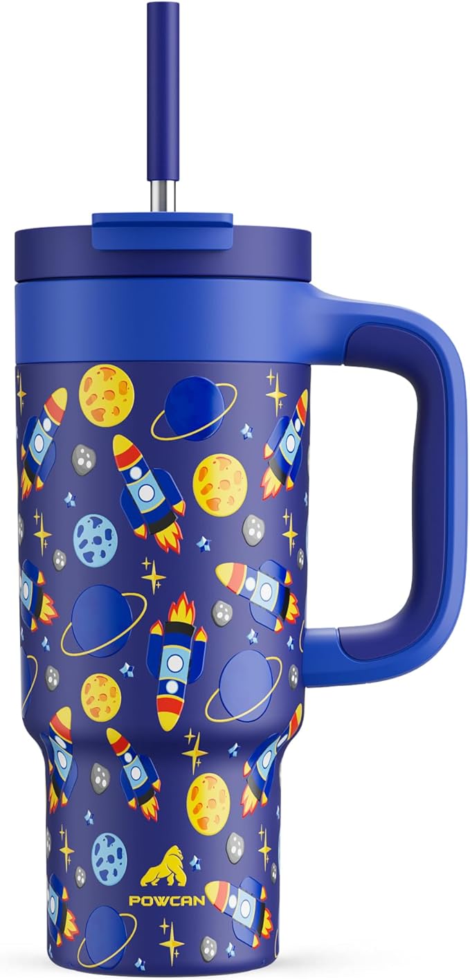 24 oz Stainless Steel Tumbler for Children: Durable Handle, Easy to Clean, Straw Gulp Lid, Car Cup Holder Friendly, Insulated Cup for Sport, Hiking, Carry, Adventures, Bag, Classroom (Space Rocket)