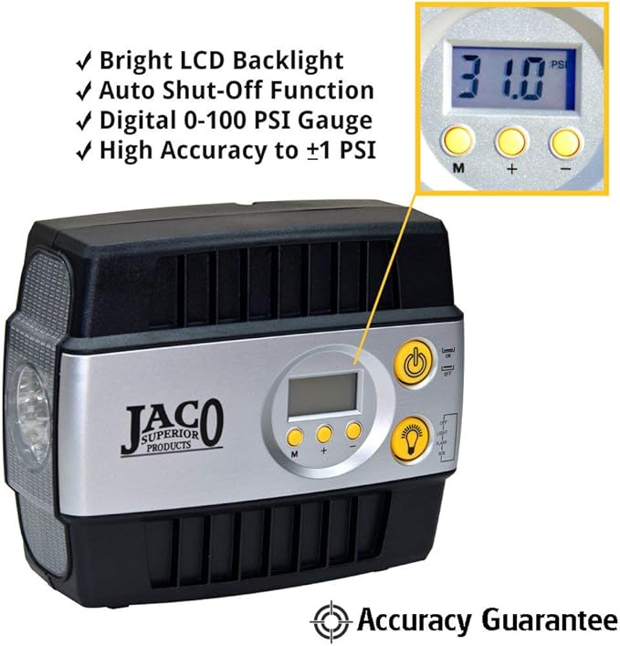 JACO SmartPro 12V Tire Inflator Air Compressor - Portable Automatic Digital Tire Pump (Max 100 PSI, 12-volt DC)