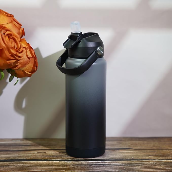 BJPKPK Water Bottle with Straw Lid, 32oz Vacuum Insulated Water Bottles, Metal Stainless Steel Thermo for Sports, Travel, BPA Free Leak Proof Thermo, Cups, Flasks, Tumblers,Black Grey