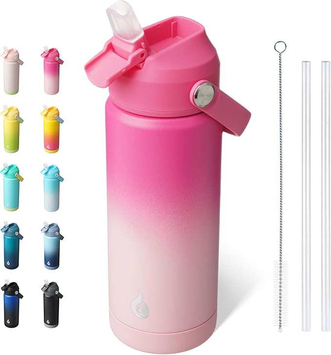 BJPKPK Insulated Water Bottle with Straw Lid, 18oz Thermo Water Bottles with Soft Nozzle, Flex Handle & Non-slip Boot, BPA Free Leak Proof Stainless Steel Metal Thermo, Tumblers, Cups,Cherry