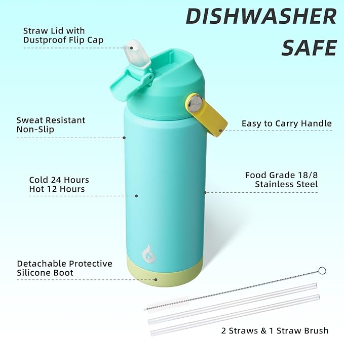 BJPKPK Insulated Water Bottle with Straw Lid, 18oz Thermo Water Bottles, Flex Handle & Non-slip Boot, BPA Free Leak Proof Stainless Steel Metal Thermo, Tumblers, Cups,Twilight Blue