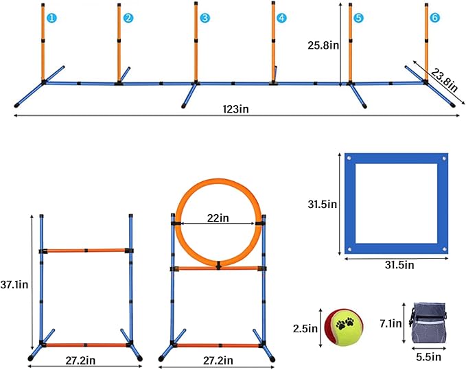PLKO Dog Agility Equipment Set,Pets Agility Training Equipment,Weave Poles, Adjustable Hurdle, Jump Ring, Pause Box and Storage Bag