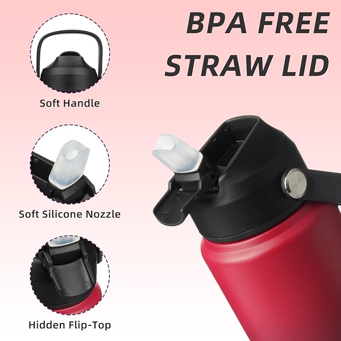 BJPKPK Water Bottle with Straw Lid, 24oz Vacuum Insulated Water Bottles, Metal Stainless Steel Thermo for Sports, Travel, BPA Free Leak Proof Thermo, Cups, Flasks, Tumblers,Charming Red