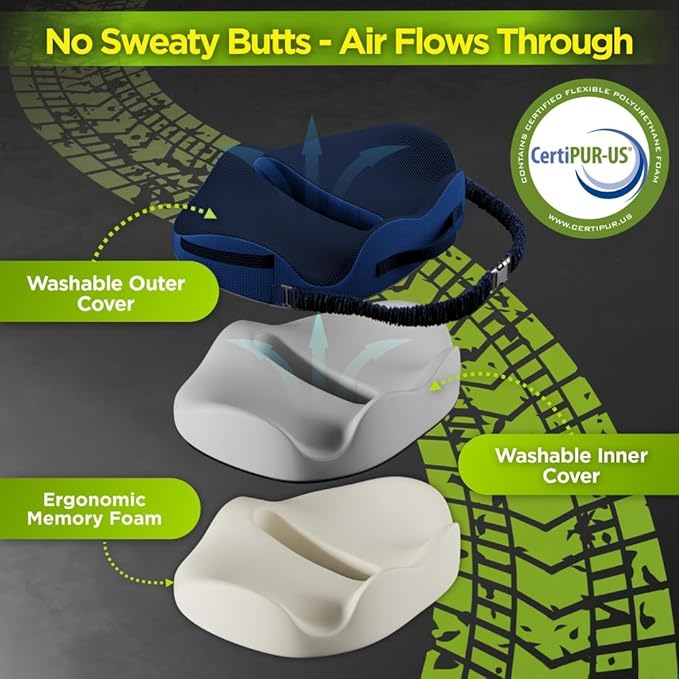 XL Truck Seat Cushion for Truck Driver Seat Cushion - Upgraded Back Support, CertiPUR-US® Certified - Thick Memory Foam, Pain Relief for Hours of Driving, Trucker Approved Big Rig - Navy