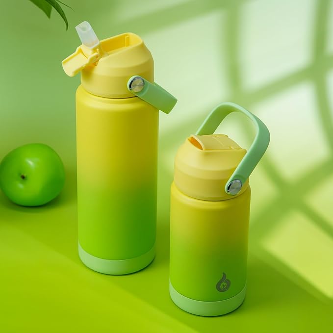 BJPKPK Insulated Water Bottle with Straw Lid, 12oz Thermo Water Bottles, Flex Handle & Non-slip Boot, BPA Free Leak Proof Stainless Steel Metal Thermo, Tumblers, Cups,Fresh Green