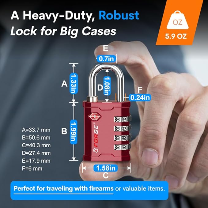 FORGE 4 Digit TSA Approved Combination Lock, Tool Box and Case Lock, Combination Padlock for Travel, Gym, Home. Red 2 Locks.