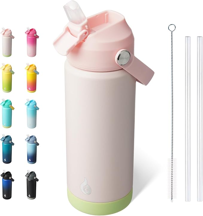 BJPKPK Insulated Water Bottle with Straw Lid, 18oz Thermo Water Bottles, Flex Handle & Non-slip Boot, BPA Free Leak Proof Stainless Steel Metal Thermo, Tumblers, Cups,Pearl Pink
